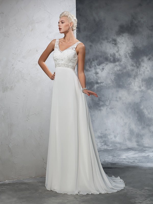 NumberSea - A - Line/Princess V - neck Beading Sleeveless Long Chiffon Wedding Dresses