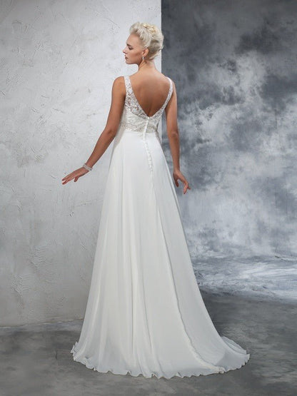 NumberSea - A - Line/Princess V - neck Beading Sleeveless Long Chiffon Wedding Dresses