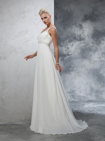 NumberSea - A - Line/Princess V - neck Beading Sleeveless Long Chiffon Wedding Dresses