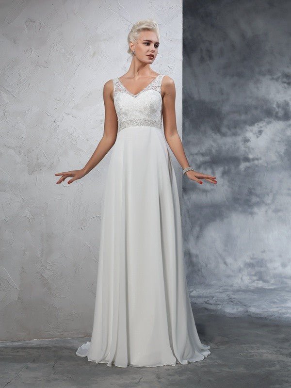 NumberSea - A - Line/Princess V - neck Beading Sleeveless Long Chiffon Wedding Dresses