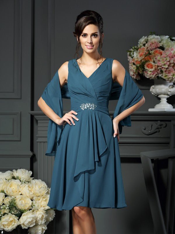 NumberSea - A - Line/Princess V - neck Beading Sleeveless Short Chiffon Mother of the Bride Dresses