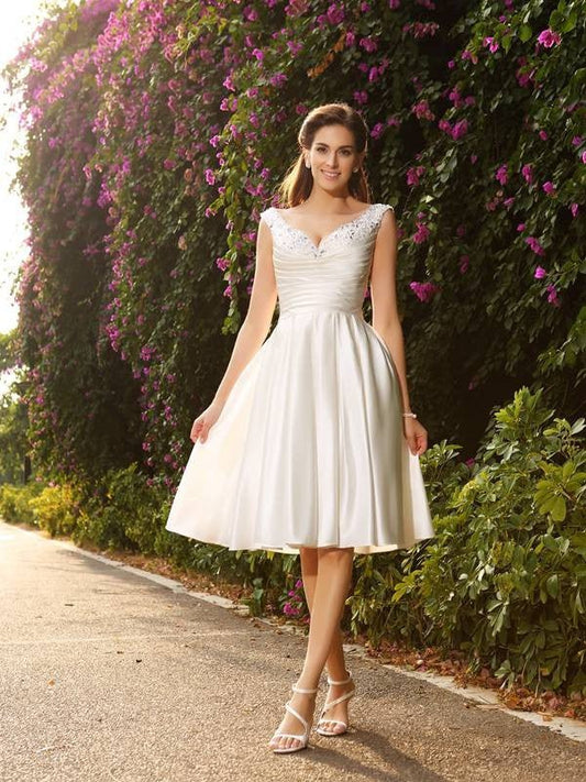 NumberSea - A - Line/Princess V - neck Beading Sleeveless Short Satin Wedding Dresses