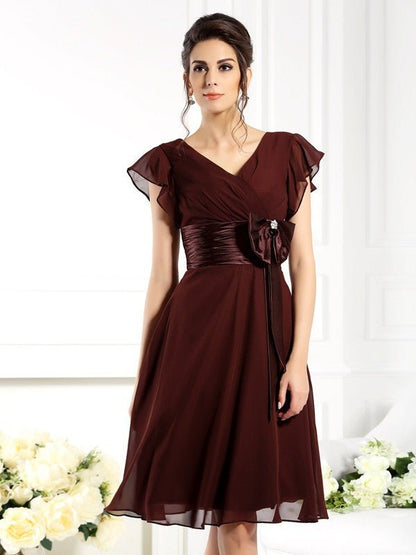 NumberSea - A - Line/Princess V - neck Bowknot Short Sleeves Short Chiffon Mother of the Bride Dresses