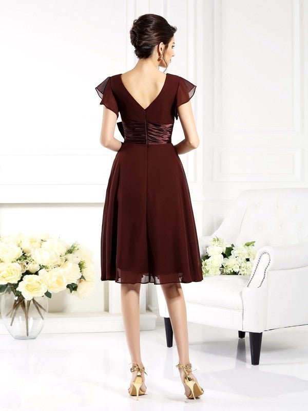 NumberSea - A - Line/Princess V - neck Bowknot Short Sleeves Short Chiffon Mother of the Bride Dresses