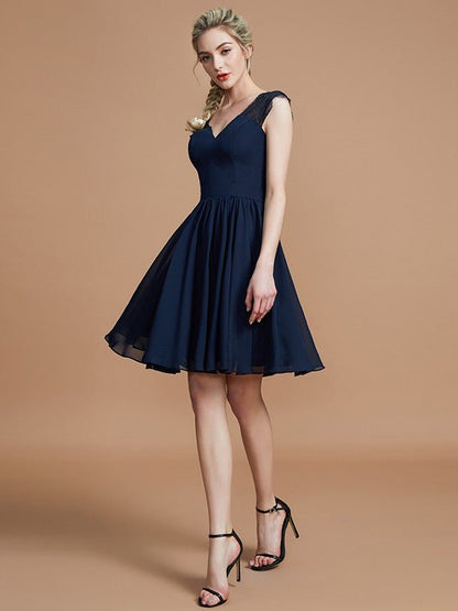 NumberSea - A - Line/Princess V - neck Chiffon Knee - Length Bridesmaid Dresses