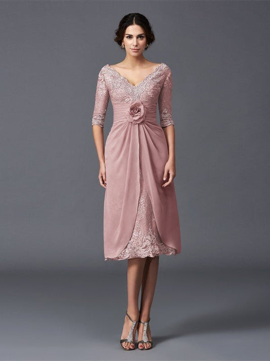 NumberSea - A - Line/Princess V - neck Hand - Made Flower 1/2 Sleeves Short Lace Mother of the Bride Dresses