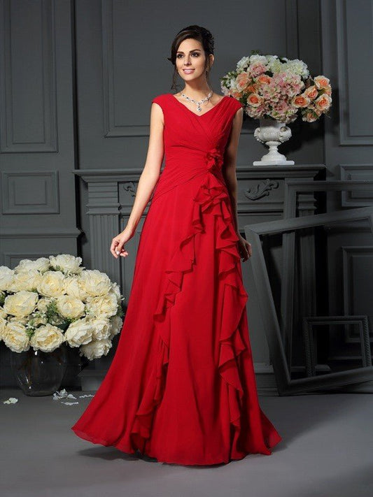 NumberSea - A - Line/Princess V - neck Hand - Made Flower Sleeveless Long Chiffon Mother of the Bride Dresses