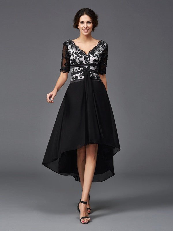 NumberSea - A - Line/Princess V - neck Lace 1/2 Sleeves High Low Chiffon Dresses