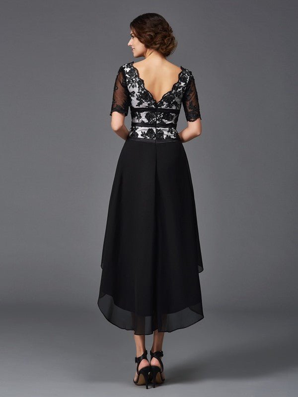 NumberSea - A - Line/Princess V - neck Lace 1/2 Sleeves High Low Chiffon Dresses