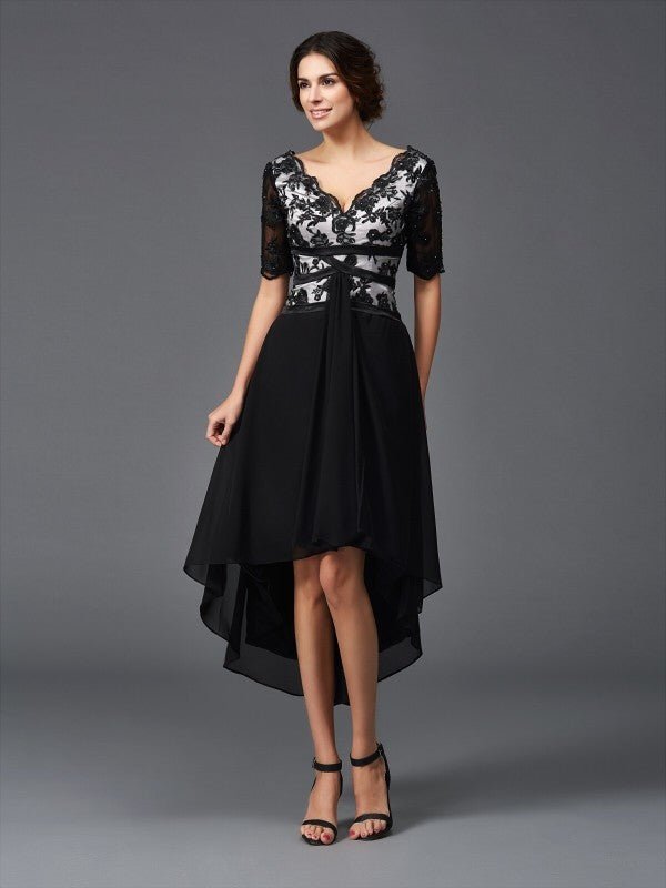 NumberSea - A - Line/Princess V - neck Lace 1/2 Sleeves High Low Chiffon Dresses