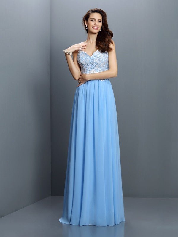 NumberSea - A - Line/Princess V - neck Lace Sleeveless Long Chiffon Bridesmaid Dresses