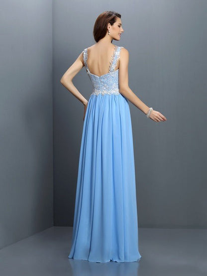 NumberSea - A - Line/Princess V - neck Lace Sleeveless Long Chiffon Bridesmaid Dresses