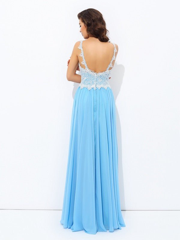 NumberSea - A - Line/Princess V - neck Lace Sleeveless Long Chiffon Dresses