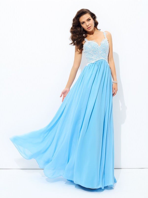 NumberSea - A - Line/Princess V - neck Lace Sleeveless Long Chiffon Dresses