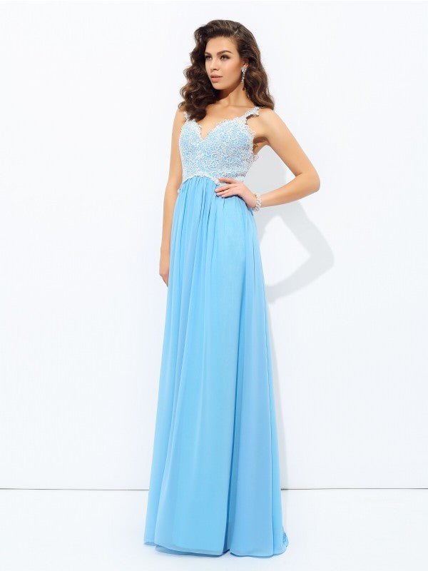 NumberSea - A - Line/Princess V - neck Lace Sleeveless Long Chiffon Dresses