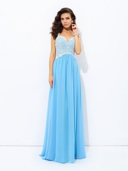 NumberSea - A - Line/Princess V - neck Lace Sleeveless Long Chiffon Dresses