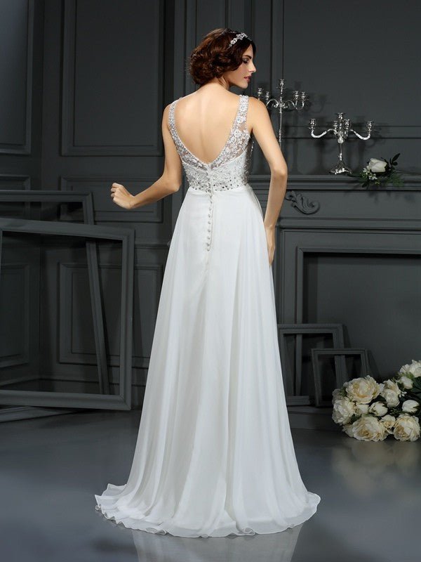 NumberSea - A - Line/Princess V - neck Lace Sleeveless Long Chiffon Wedding Dresses