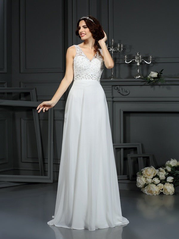 NumberSea - A - Line/Princess V - neck Lace Sleeveless Long Chiffon Wedding Dresses