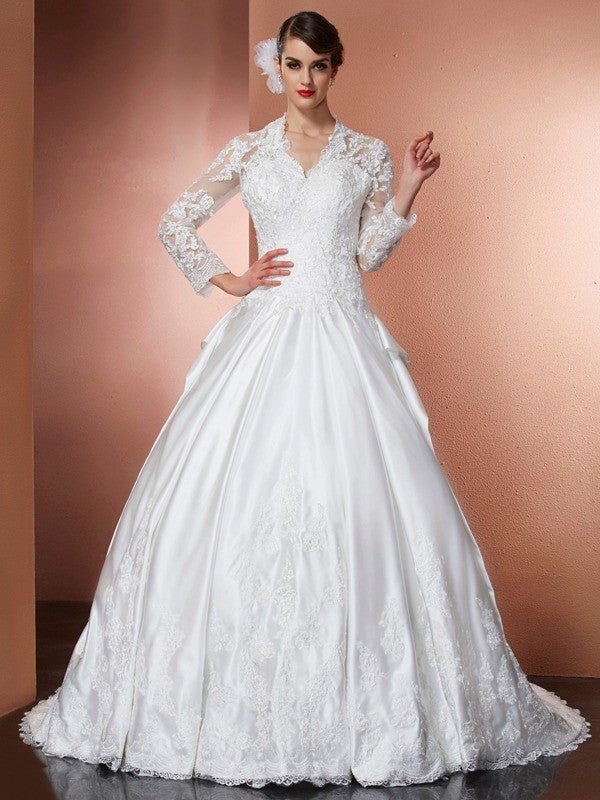 NumberSea - A - Line/Princess V - neck Long Sleeves Applique Long Satin Wedding Dresses