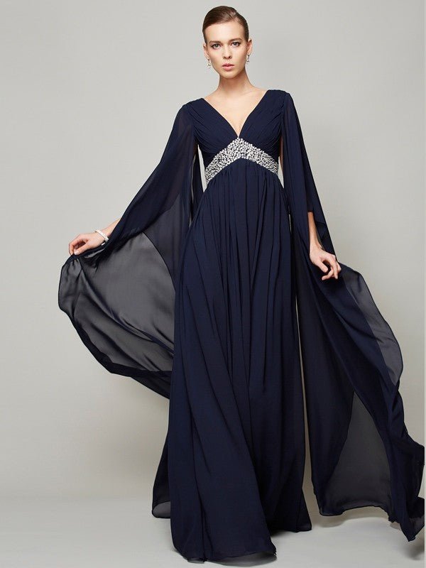 NumberSea - A - Line/Princess V - neck Long Sleeves Beading Long Chiffon Dresses