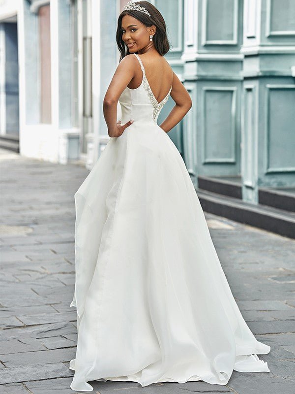 NumberSea - A - Line/Princess V - neck Organza Sleeveless Beading Sweep/Brush Train Wedding Dresses