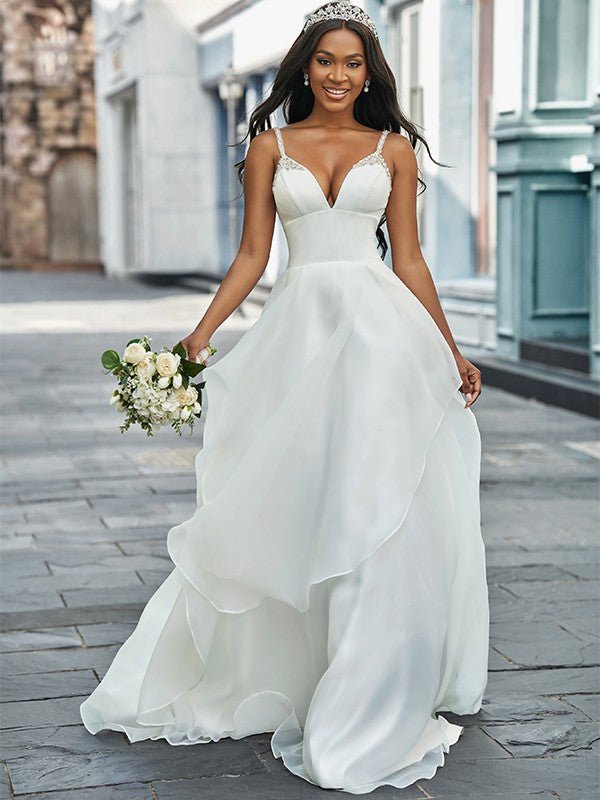 NumberSea - A - Line/Princess V - neck Organza Sleeveless Beading Sweep/Brush Train Wedding Dresses