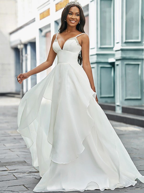 NumberSea - A - Line/Princess V - neck Organza Sleeveless Beading Sweep/Brush Train Wedding Dresses