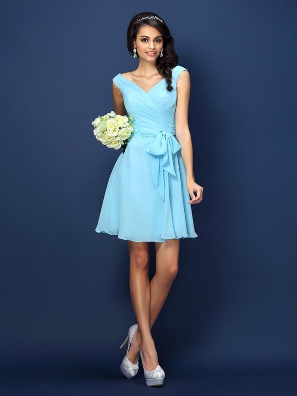 NumberSea - A - Line/Princess V - neck Pleats Bowknot Sleeveless Short Chiffon Bridesmaid Dresses