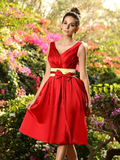 NumberSea - A - Line/Princess V - neck Pleats Sash/Ribbon/Belt Sleeveless Short Satin Bridesmaid Dresses