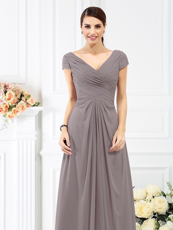 NumberSea - A - Line/Princess V - neck Pleats Short Sleeves Long Chiffon Bridesmaid Dresses