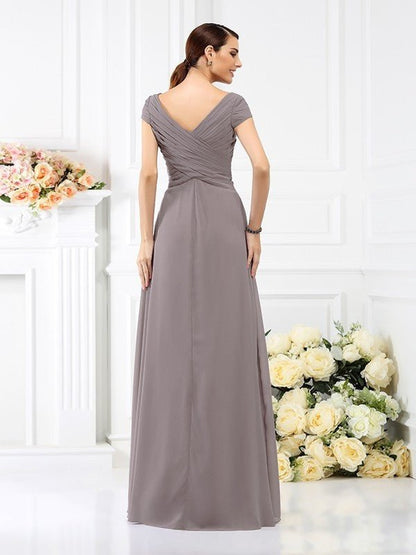 NumberSea - A - Line/Princess V - neck Pleats Short Sleeves Long Chiffon Bridesmaid Dresses