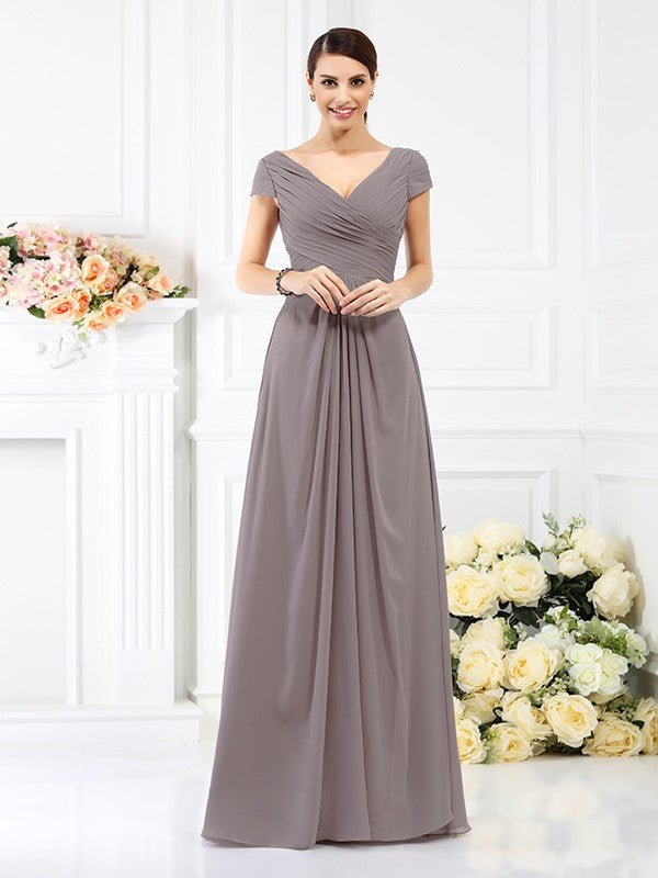 NumberSea - A - Line/Princess V - neck Pleats Short Sleeves Long Chiffon Bridesmaid Dresses