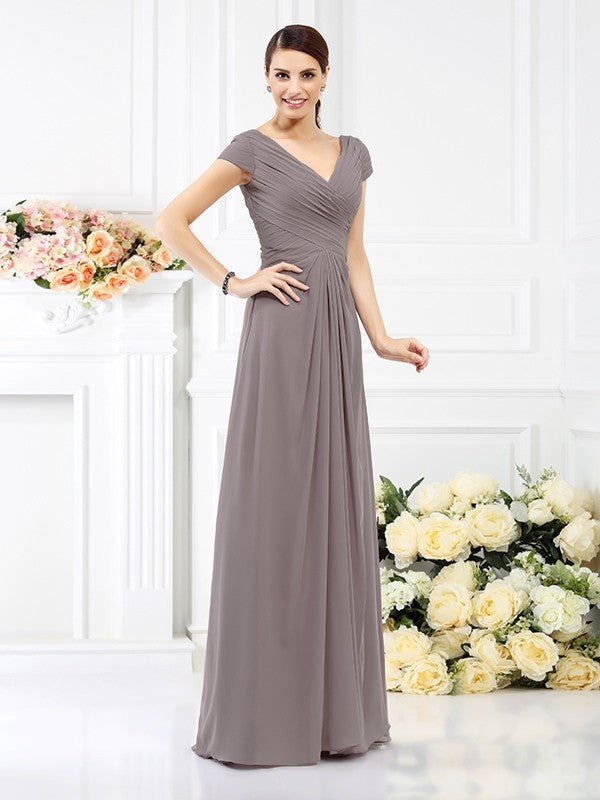 NumberSea - A - Line/Princess V - neck Pleats Short Sleeves Long Chiffon Bridesmaid Dresses