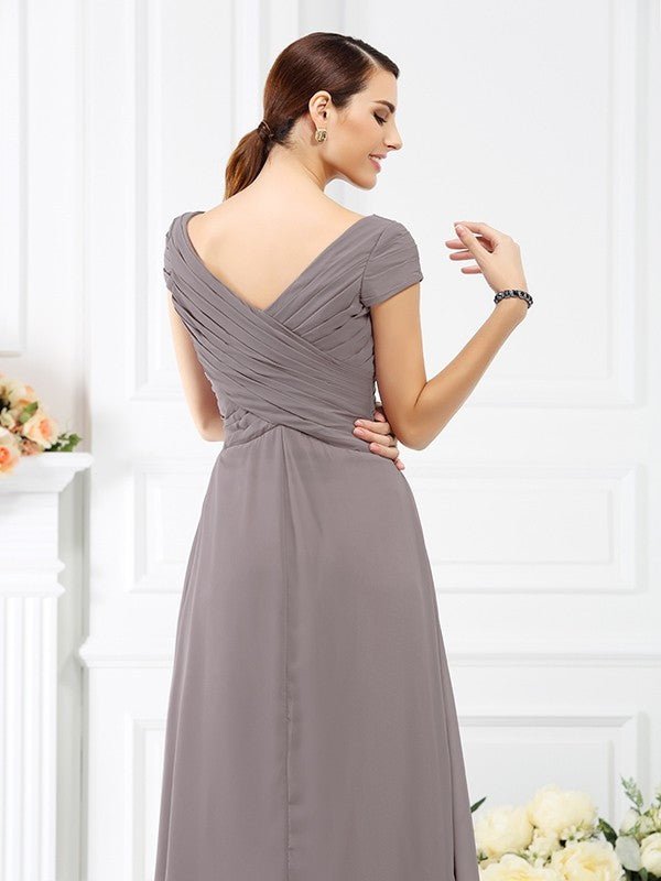 NumberSea - A - Line/Princess V - neck Pleats Short Sleeves Long Chiffon Bridesmaid Dresses