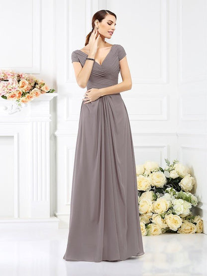 NumberSea - A - Line/Princess V - neck Pleats Short Sleeves Long Chiffon Bridesmaid Dresses