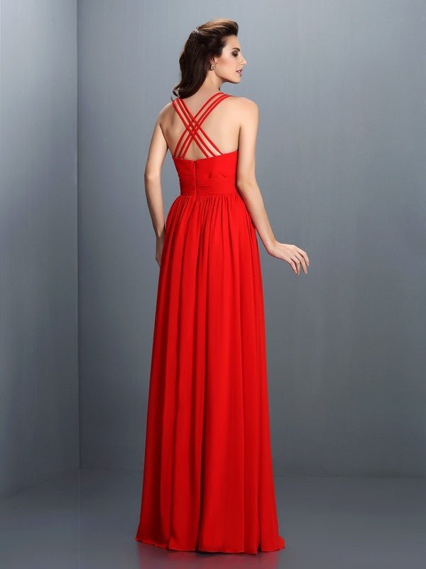 NumberSea - A - Line/Princess V - neck Pleats Sleeveless Long Chiffon Bridesmaid Dresses