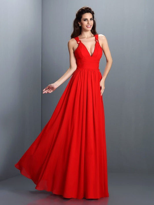 NumberSea - A - Line/Princess V - neck Pleats Sleeveless Long Chiffon Bridesmaid Dresses