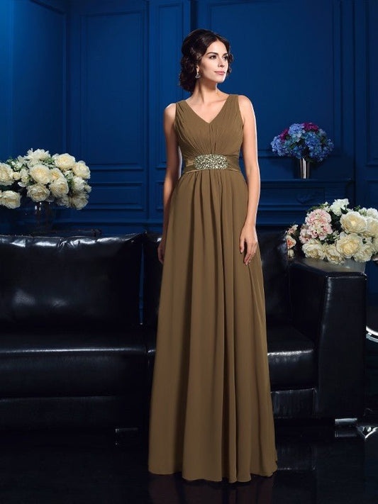 NumberSea - A - Line/Princess V - neck Pleats Sleeveless Long Chiffon Mother of the Bride Dresses