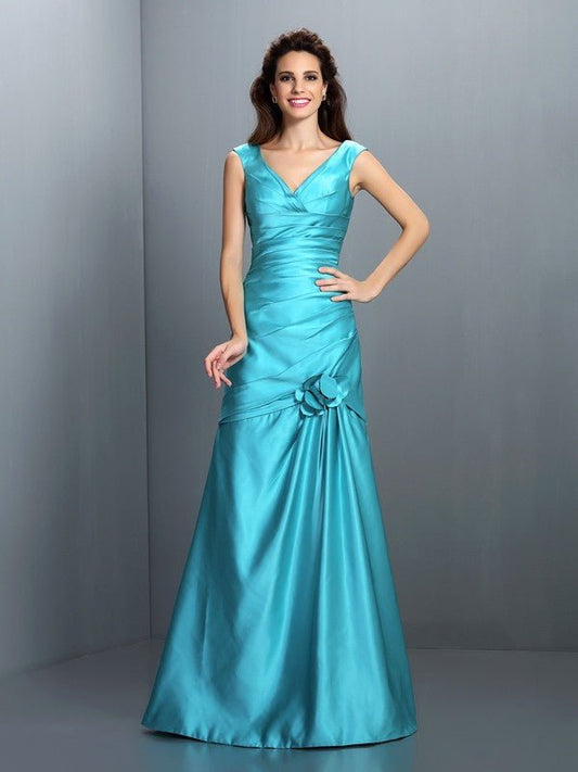 NumberSea - A - Line/Princess V - neck Pleats Sleeveless Long Satin Bridesmaid Dresses