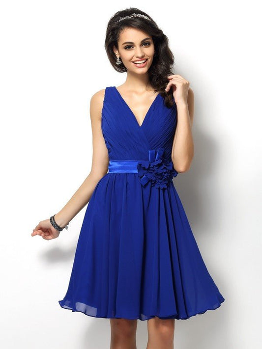 NumberSea - A - Line/Princess V - neck Pleats Sleeveless Short Chiffon Bridesmaid Dresses