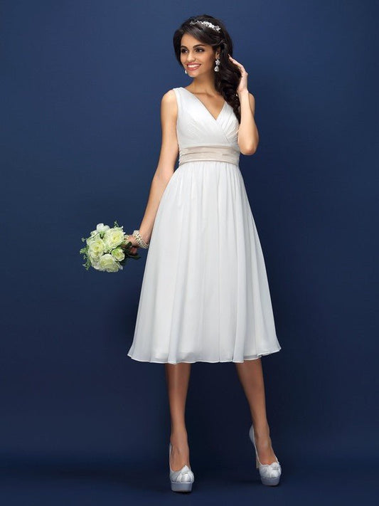 NumberSea - A - Line/Princess V - neck Pleats Sleeveless Short Chiffon Bridesmaid Dresses