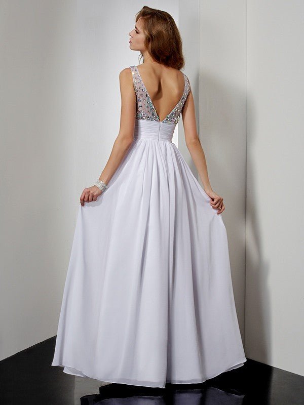 NumberSea - A - Line/Princess V - neck Rhinestone Sleeveless Long Chiffon Dresses