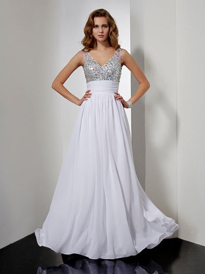 NumberSea - A - Line/Princess V - neck Rhinestone Sleeveless Long Chiffon Dresses