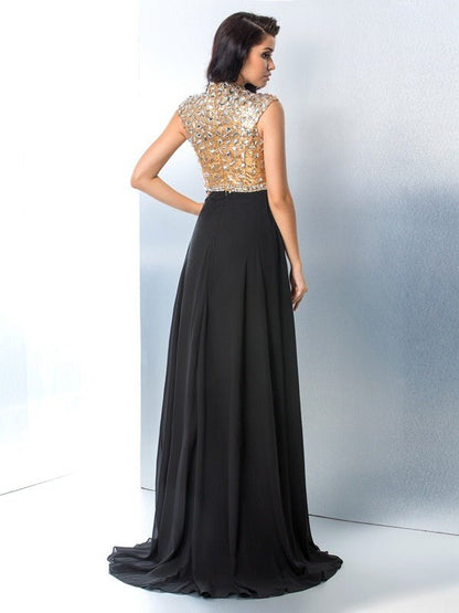 NumberSea - A - Line/Princess V - neck Rhinestone Sleeveless Long Chiffon Dresses