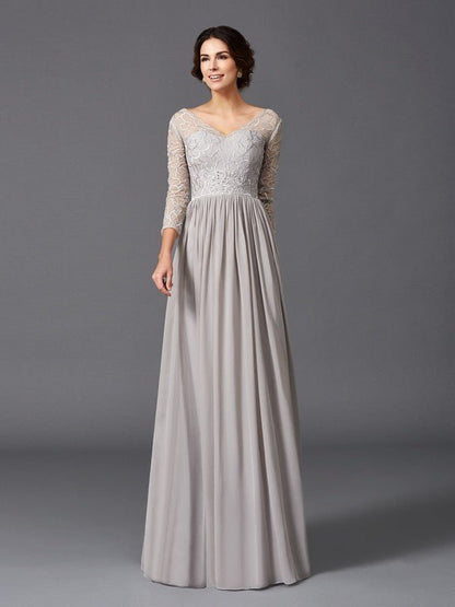 NumberSea - A - Line/Princess V - neck Ruffles 3/4 Sleeves Long Chiffon Mother of the Bride Dresses