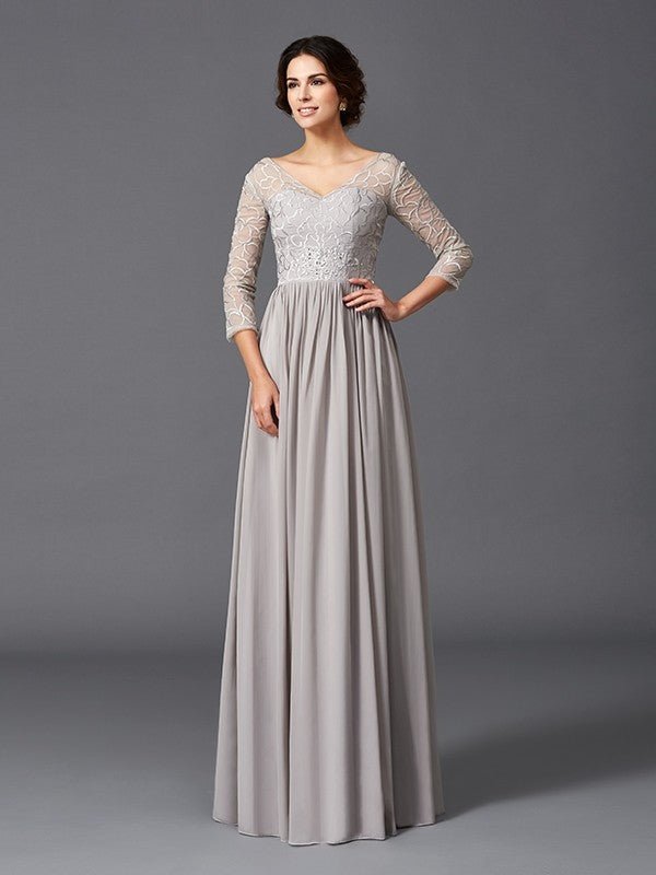 NumberSea - A - Line/Princess V - neck Ruffles 3/4 Sleeves Long Chiffon Mother of the Bride Dresses