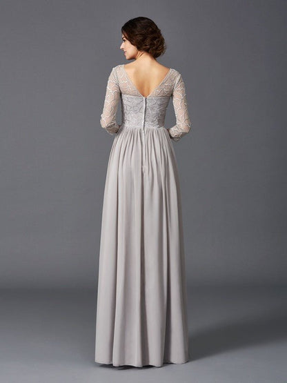 NumberSea - A - Line/Princess V - neck Ruffles 3/4 Sleeves Long Chiffon Mother of the Bride Dresses