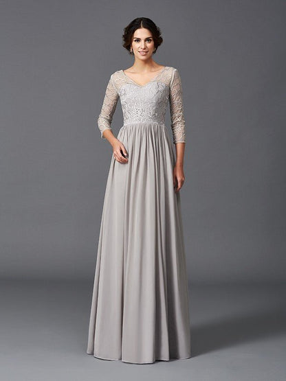 NumberSea - A - Line/Princess V - neck Ruffles 3/4 Sleeves Long Chiffon Mother of the Bride Dresses