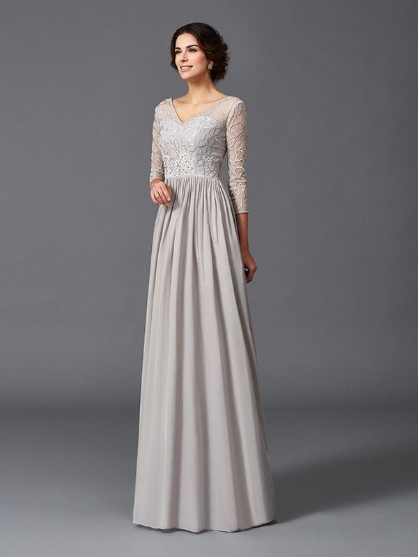 NumberSea - A - Line/Princess V - neck Ruffles 3/4 Sleeves Long Chiffon Mother of the Bride Dresses