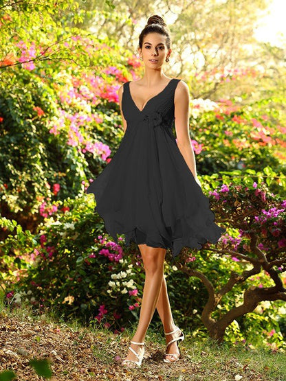 NumberSea - A - Line/Princess V - neck Ruffles Sleeveless Short Chiffon Bridesmaid Dresses